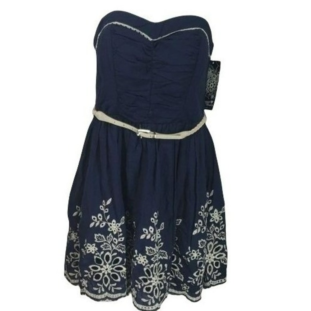 Sequin Hearts Navy Blue Ivory Floral Eyelet Strapless Belted Dress Size 5 NEW